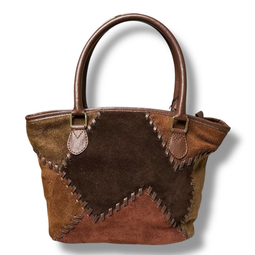 Elegant Patchwork Suede Tote - Brown - image 1